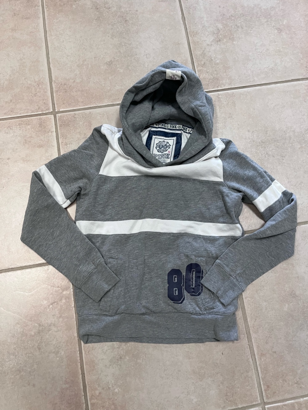 PINK Grey & White Striped Hoodie with Navy '80' Patch